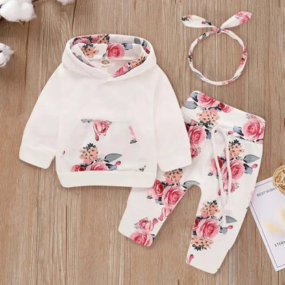 3pcs Newborn Baby Girls Winter Clothes Floral Print Hooded Pullover+Pants Sets Baby Outfits Tracksuit Girl Clothing