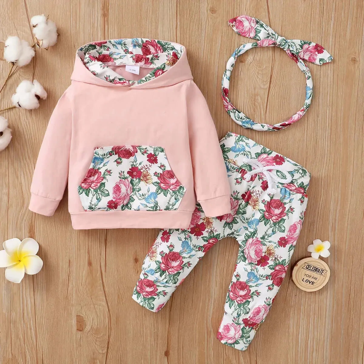 Infant Baby Girls Autumn Outfits Long Sleeve Big Pockets Hoodies + Floral Print Long Pants + Headband 3 Pieces set