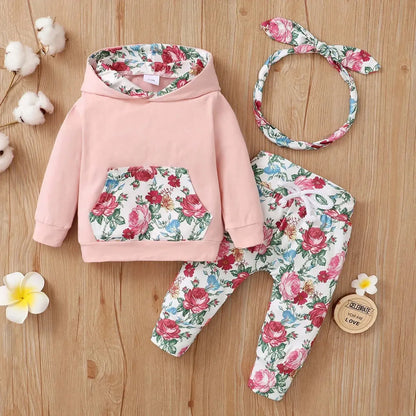 Infant Baby Girls Autumn Outfits Long Sleeve Big Pockets Hoodies + Floral Print Long Pants + Headband 3 Pieces set