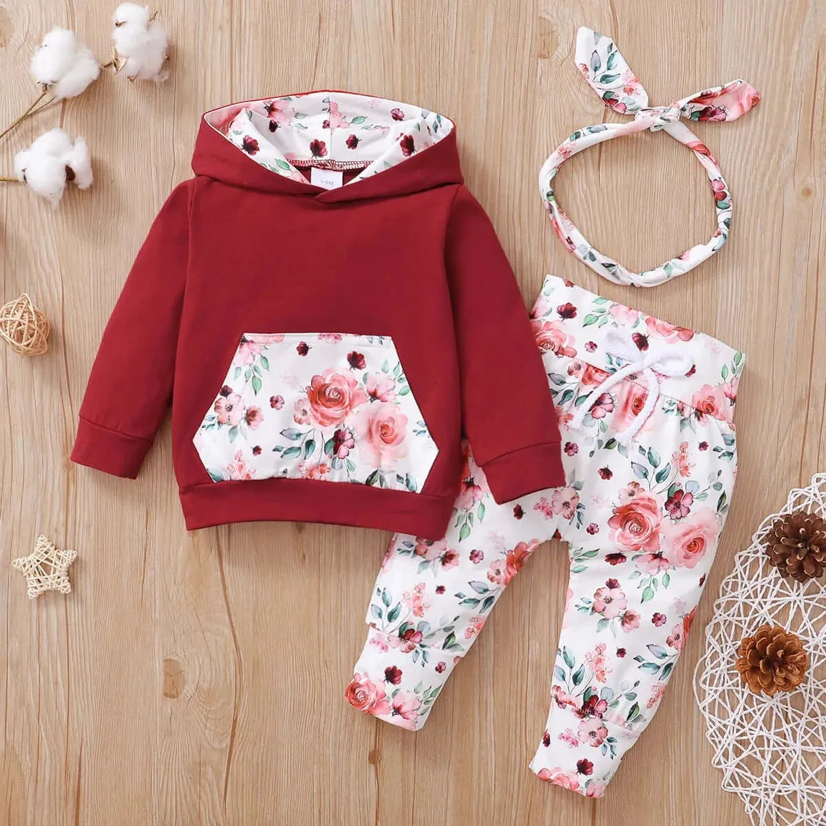 Floral Baby Girl Set for New Born 0 to 3 Infant Girl Clothes 3Piece Hooded Baby Girl Clothes Long Sleeve Baby Outfit Autumn